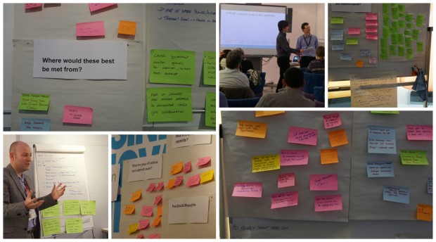 Collage of pictures from the event - pictures of written post-its stuck on the wall and participants taking part in the workshop.